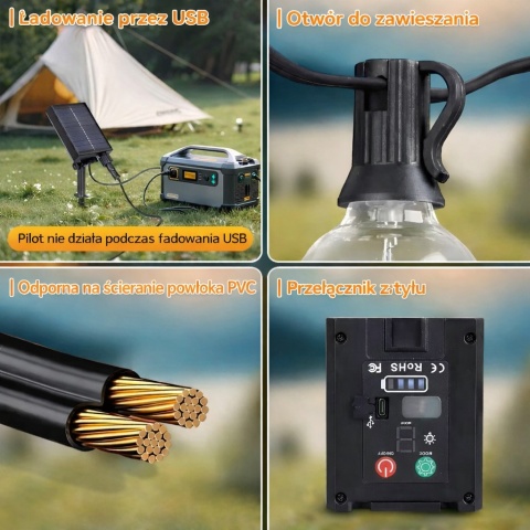 Panel solarny z ładowaniem USB do girlandy ogrodowej